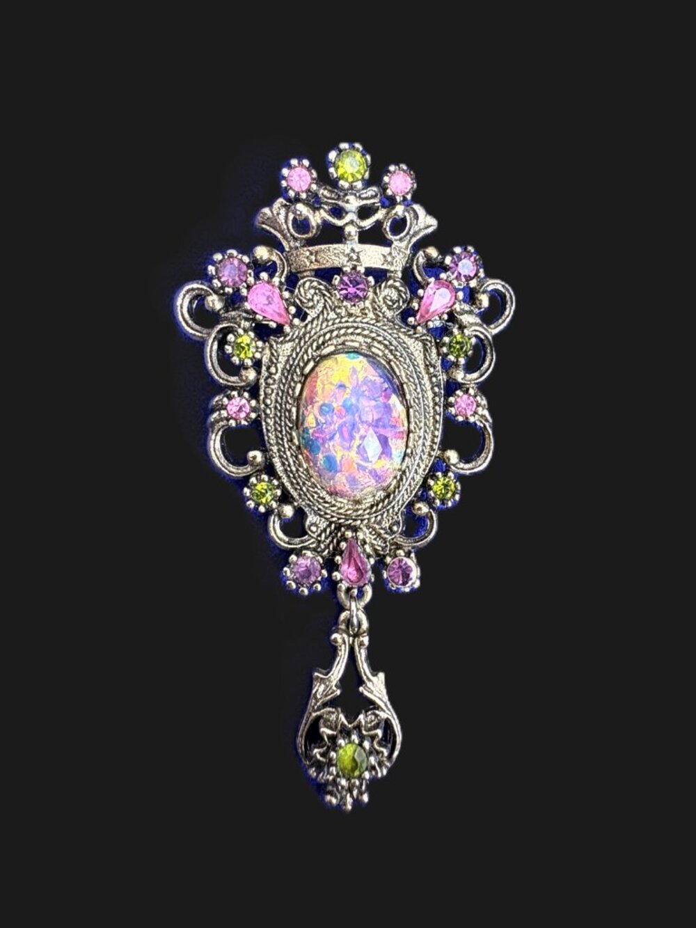 VTG Sarah Coventry CONTESSA Crown Shield Brooch Pin Pendant Faux Opal Rhinestone